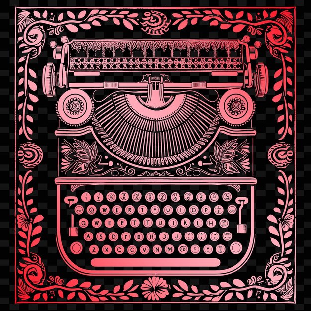 PSD vintage typewriter folk art z wzorem klucza i papierem detai ilustracja kolekcja motywów dekoracyjnych