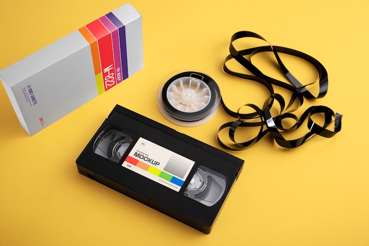 PSD vintage vhs cassette with magnetic tape