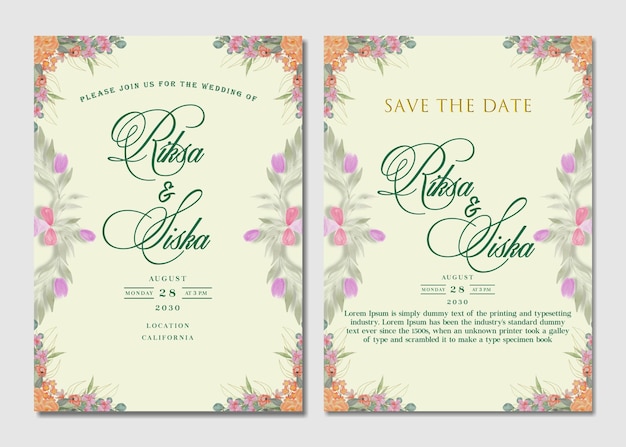 Винтажный акварельный шаблон свадебного приглашения с коричневым цветком Premium Psd