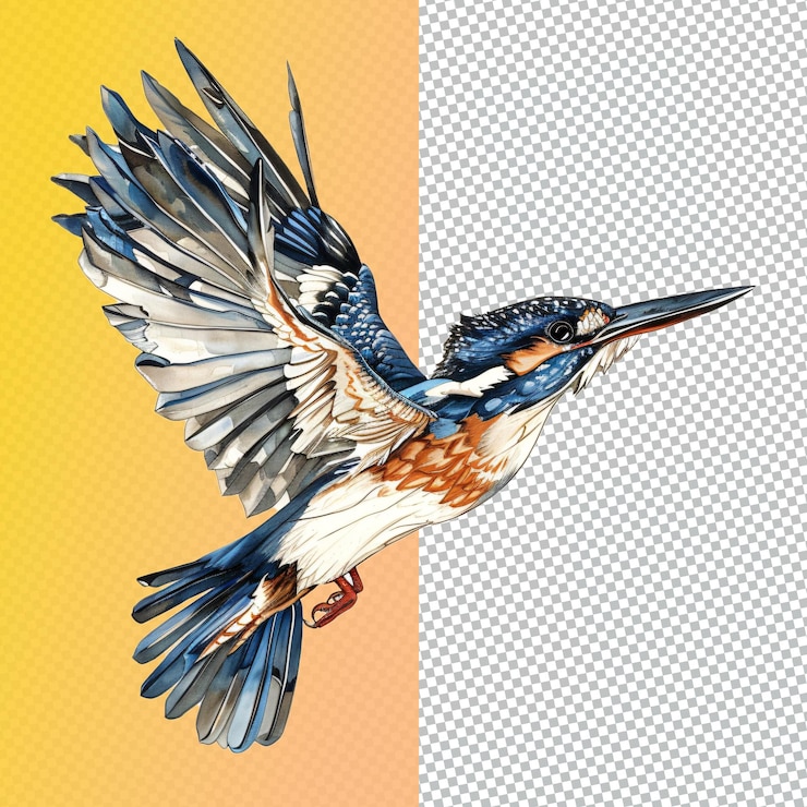 PSD vintage watercolour drawing of tropical flying bird in shades of dark blue