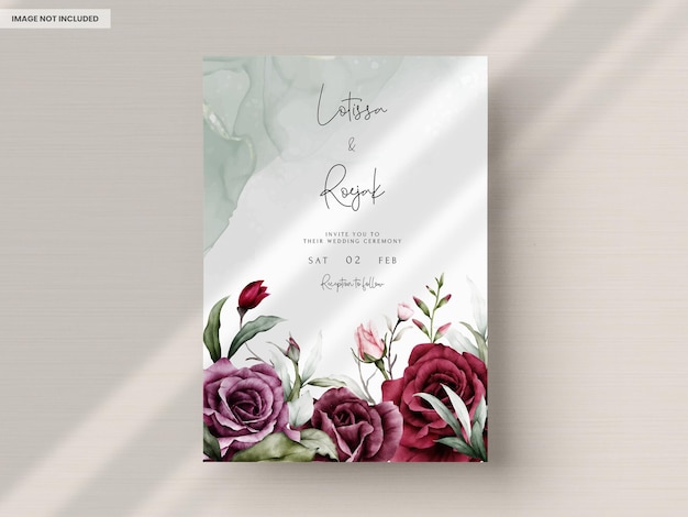 PSD vintage wedding invitation card set with maroon roses watercolor