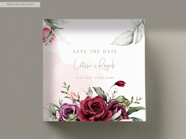 PSD vintage wedding invitation card set with maroon roses watercolor