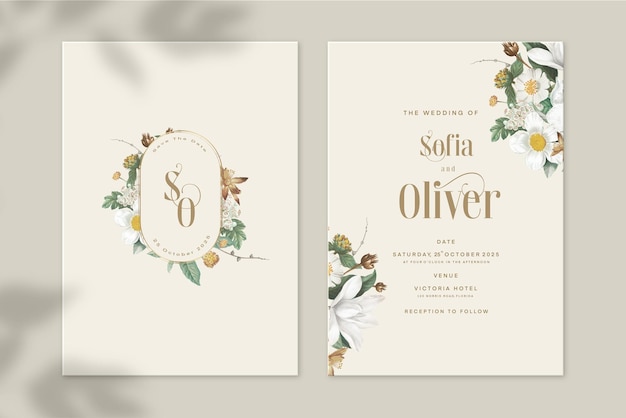 PSD vintage wedding invitation and save the date with floral arrangement