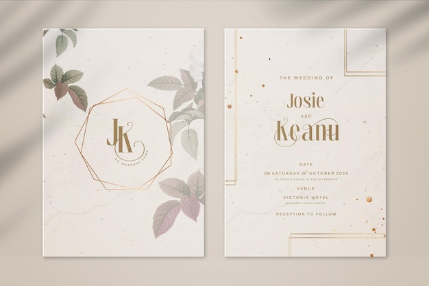 Vintage wedding invitation and save the date with golden frame