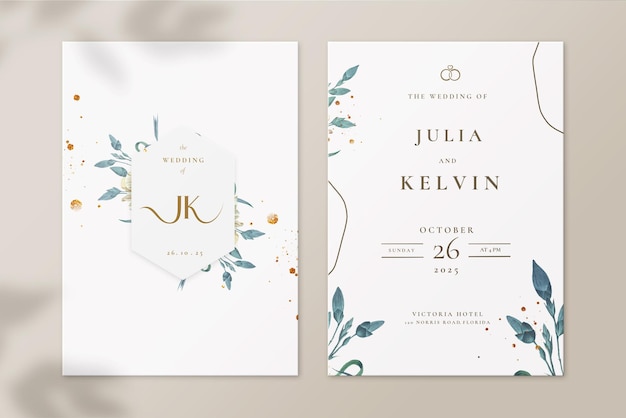 Vintage wedding invitation and save the date with green foliage