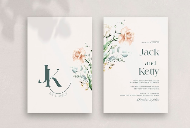 Vintage wedding invitation template with awesome flowers water color