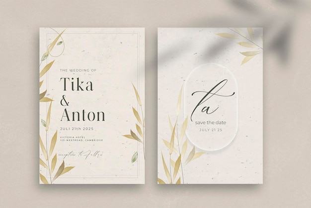 Vintage wedding invitation template with brown leaves