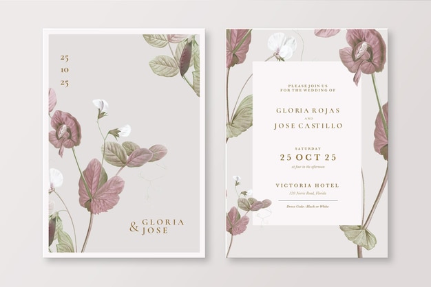 PSD vintage wedding invitation template with eucalyptus