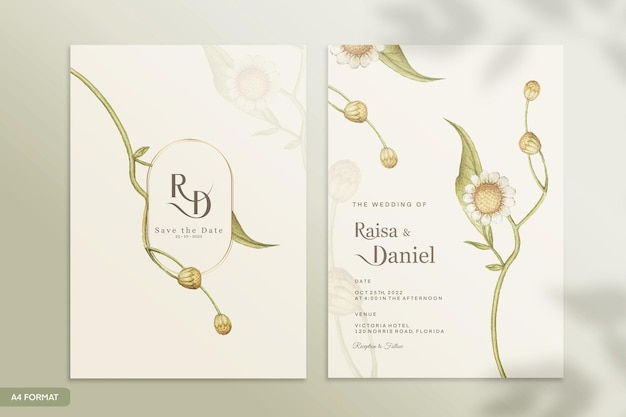 Vintage Wedding Invitation Template with Green Flower