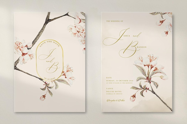 PSD vintage wedding invitation template with japanese flower