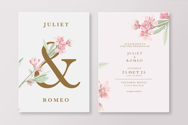 PSD vintage wedding invitation with cherry blossom