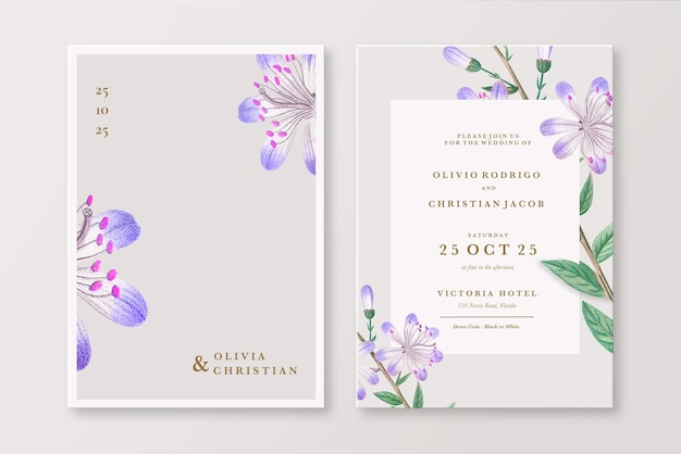 Vintage wedding invitation with purple flower