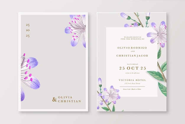 紫 の 花 を 飾っ て いる ヴィンテージ の 結婚 招待状
