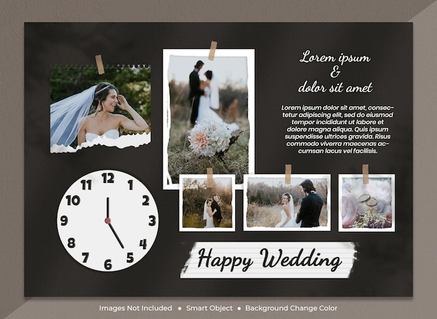 PSD mockup di cornice per foto di matrimonio vintage con orologio