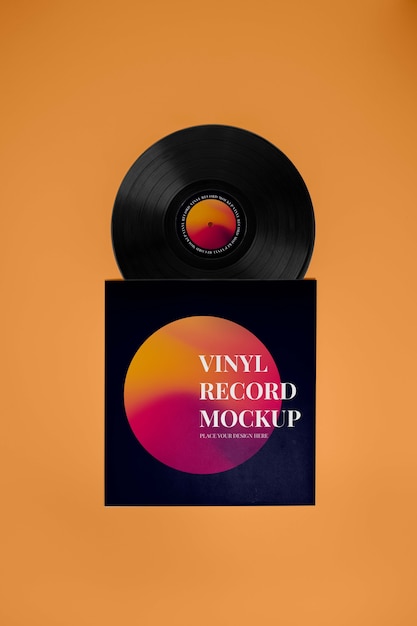 Vinyl record with cover above view