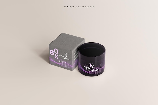 Mockup di vasetto e scatola per cosmetici in vetro viola