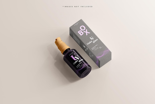 Violet glass cosmetic spray bottle and box mockup