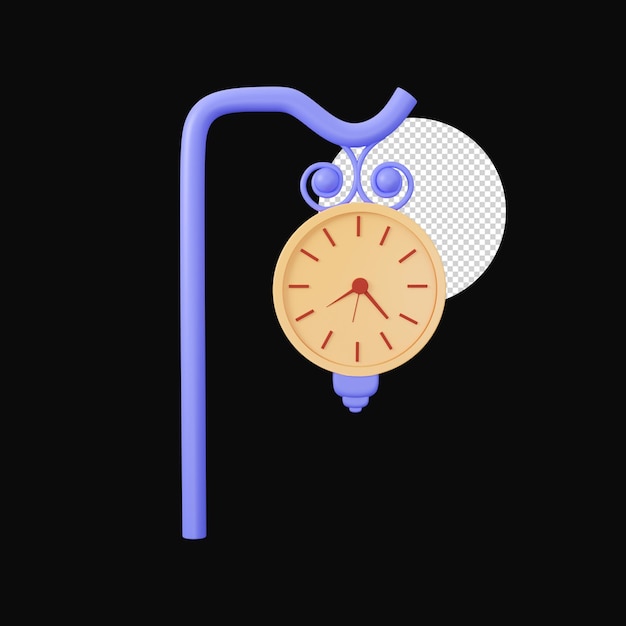 PSD violet and orange hanging street clock 3d illustration on black background