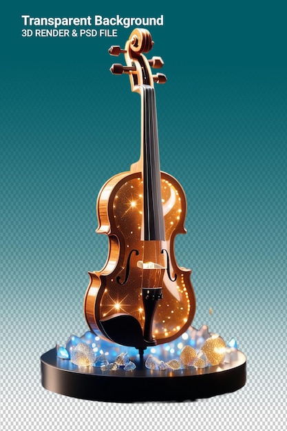 A violin is sitting on a black base with a star on the back