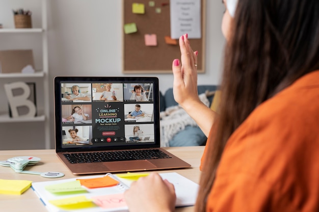 Virtual classroom and study with laptop mockup