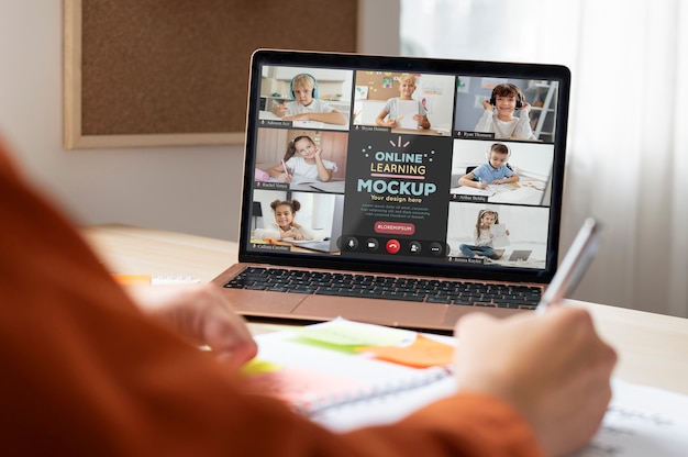 Virtual classroom and study with laptop mockup