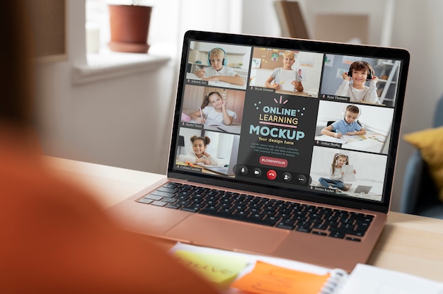 PSD virtual classroom and study with laptop mockup