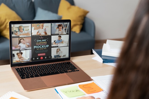 Virtual classroom and study with laptop mockup