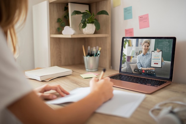 PSD virtual classroom and study with laptop mockup