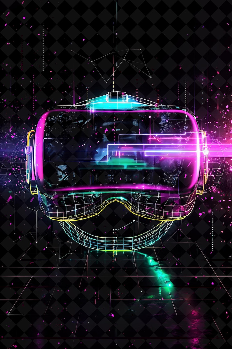 PSD virtual reality arcane frame with pixelated vr headset and f neon color frame y2k collection