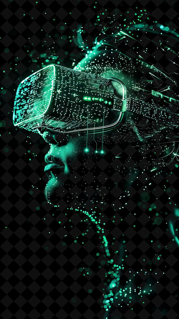 PSD virtual reality explosion with digital worlds avatars and fu png neon effect on dark background
