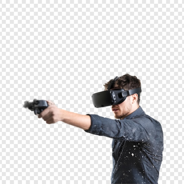 PSD virtual reality gaming experience man holding gun isolated on transparent background