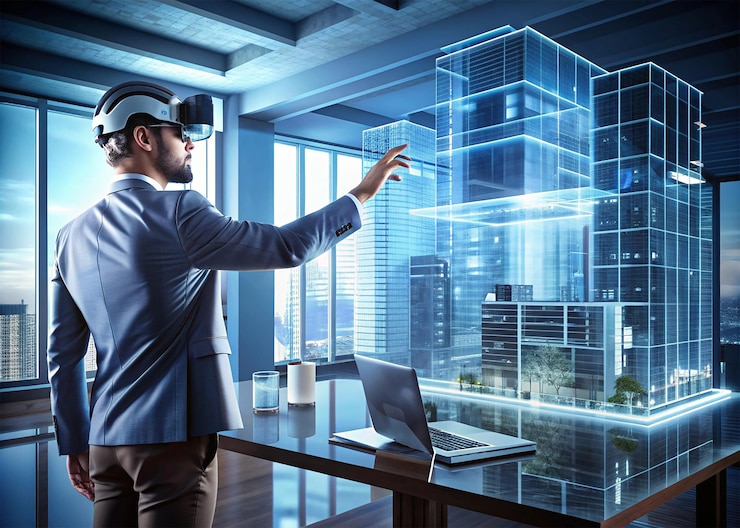 PSD virtual reality interior design medium shot people watching man play game