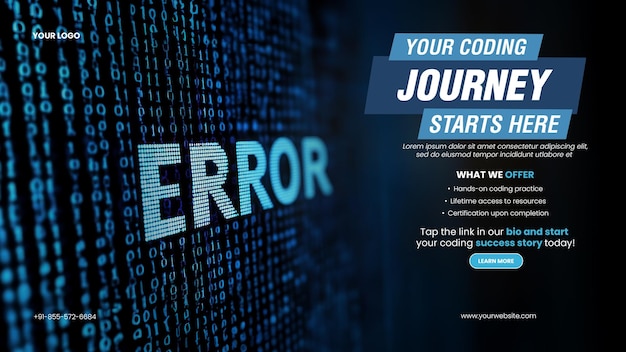 Virtual workshop learn coding banner template with closeup of the word error displayed in binary code