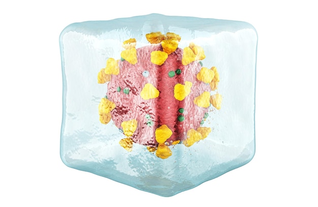 Virus frozen in ice cube 3D rendering isolated on transparent background