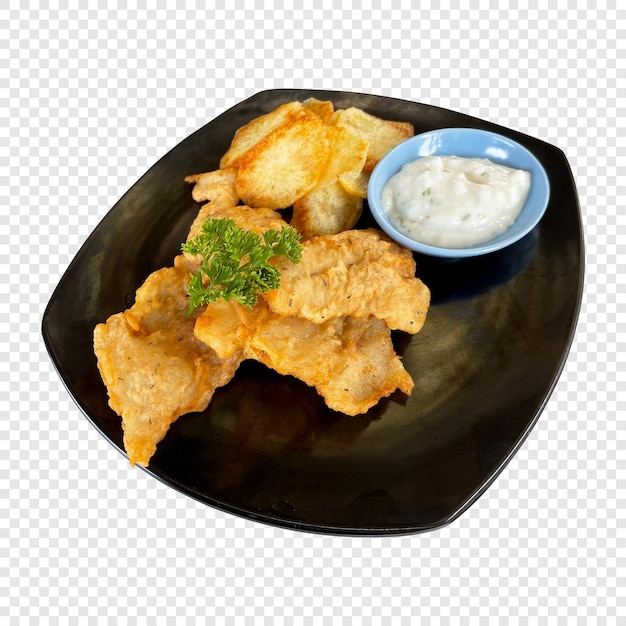Vis en chips met mayonaise.