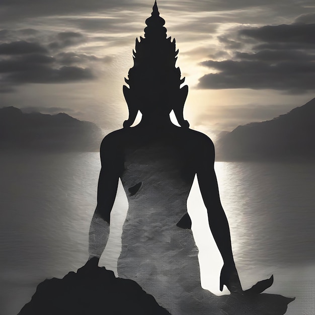 Vishnu god silhouette with the sunset coast background