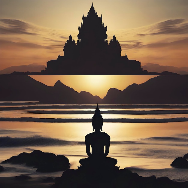 Vishnu god silhouette with the sunset coast background