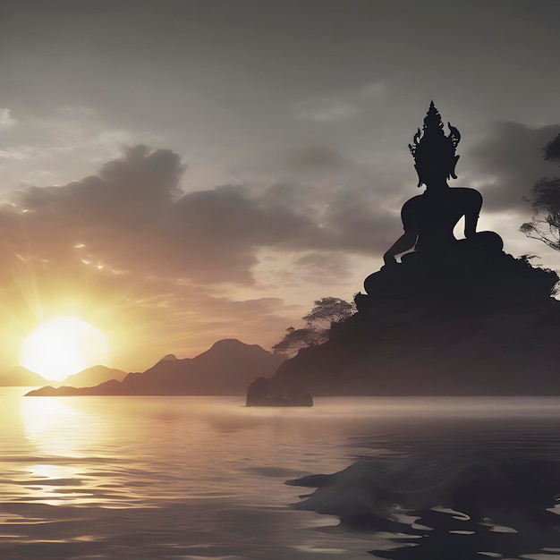 Vishnu god silhouette with the sunset coast background
