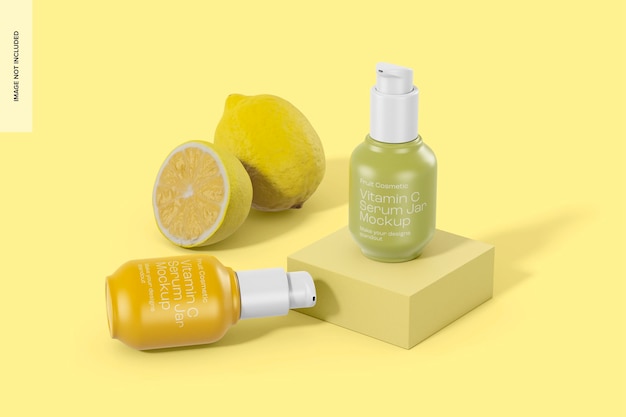 vitamin c serum bottles mockup, standing and dropped
