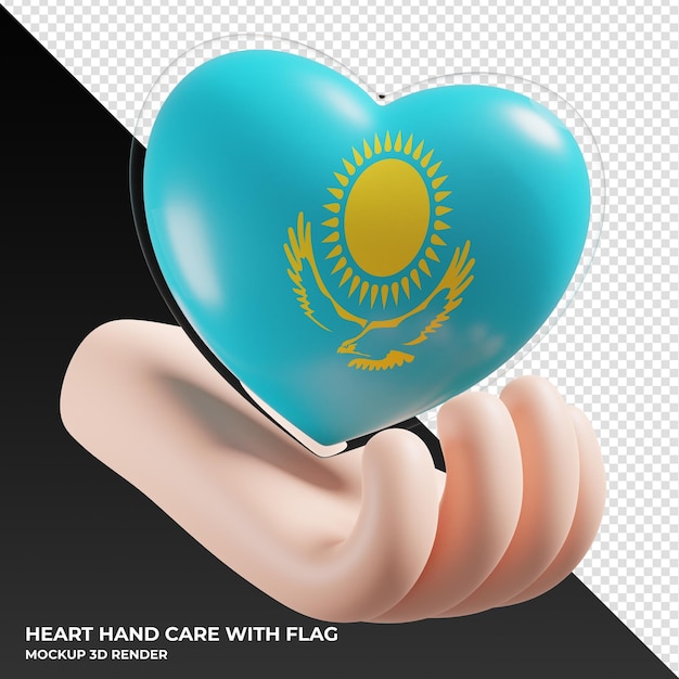 Vlag van Kazachstan met harthandverzorging realistische 3D-textuur