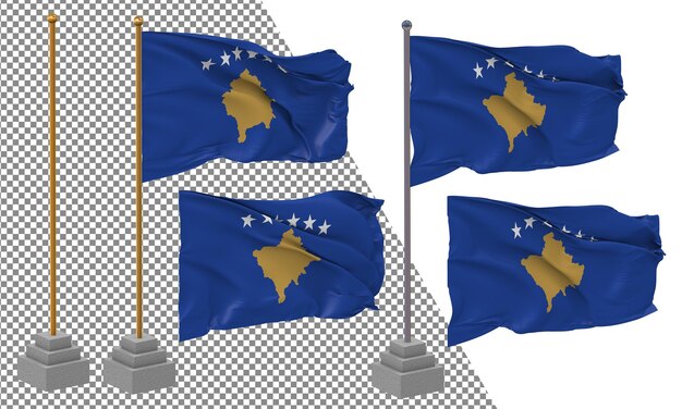 Vlag van kosovo zwaaiende verschillende stijl met standpaal geïsoleerd 3d-rendering