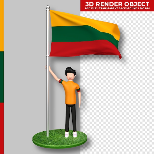 PSD vlag van litouwen met schattige mensen stripfiguur. onafhankelijkheidsdag. 3d-rendering.