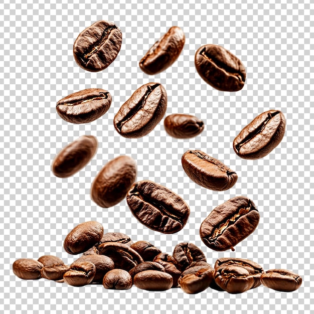 Vliegende geroosterde koffiebonen met dynamische beweging op een doorzichtige achtergrond