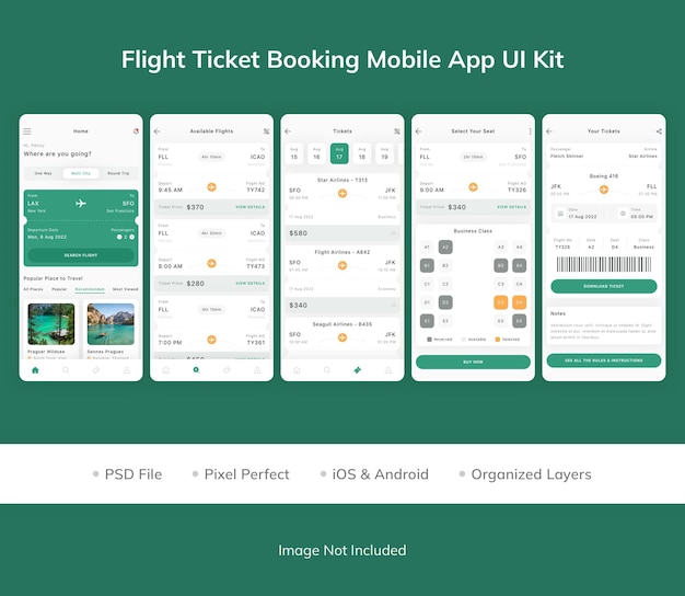 Vliegticket boeken mobiele app ui kit