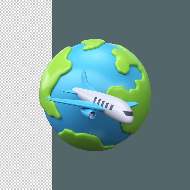 Vliegtuig rond de wereld 3d-pictogram reissymbool
