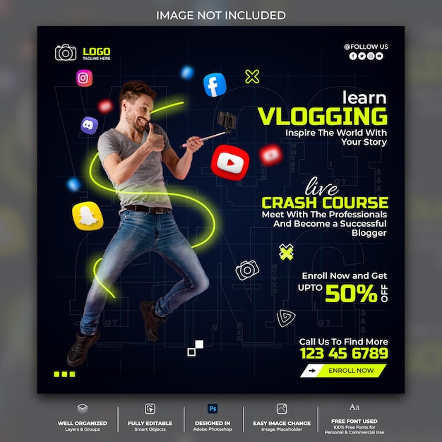 Vlogging and youtube online course marketing social media post template