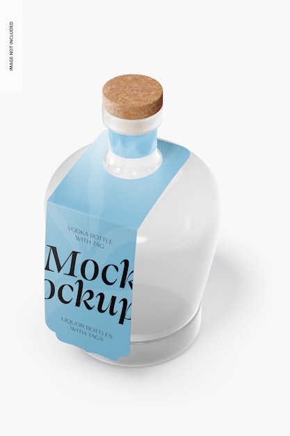 PSD bottiglia di vodka con mockup di tag, veduta dall'alto