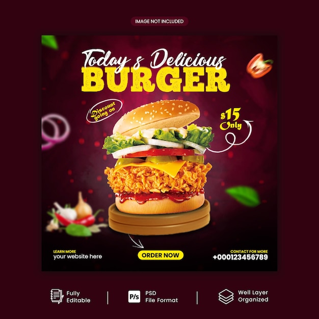 Voedselmenu en Delicious burger social media post-promotie vierkante banner psd-sjabloon met multifunctioneel