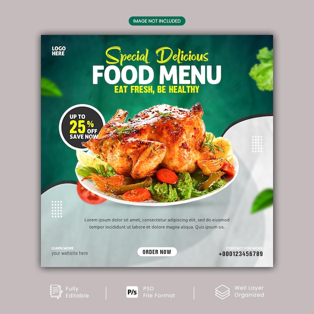 Voedselmenu en delicious burger social media post-promotie vierkante bannersjabloon met multifunctioneel