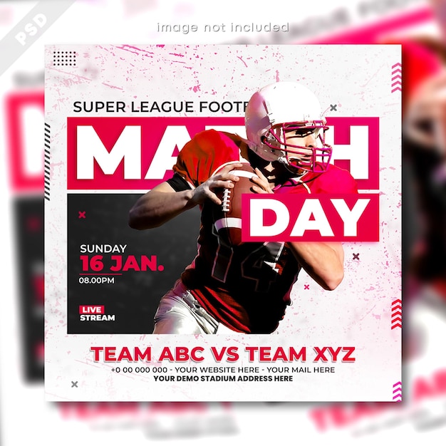 Voetbal en voetbal match day flyer en sport social media post sjabloon ontwerp